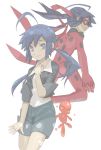  ahoge blue_eyes blue_hair bodysuit bokaa_(exploration) casual dual_persona flat_chest huge_ahoge ladybug_(character) long_hair magical_girl marinette_cheng mascot mask miraculous_ladybug polka_dot shorts sleeves_rolled_up smile twintails 