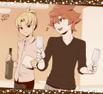  2boys adult androgynous bottle cup glasses inazuma_eleven_(series) inazuma_eleven_go kiyama_hiroto male midorikawa_ryuuji mizuhara_aki multiple_boys open_mouth smile wine_glass wink 