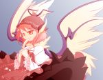  1girl alternate_eye_color animal_ears blue_background brown_dress covering_mouth dress dress_lift earrings feathers fingernails gazing hands_together hat holding jewelry kokutou-3325 long_fingernails long_sleeves mystia_lorelei orange_eyes petticoat pink_hair short_hair simple_background solo touhou wings 