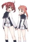  2girls :d ass brown_eyes brown_hair from_behind hand_holding hands_together holding_hands isshiki_akane isshiki_momo long_hair looking_back matsuryuu multiple_girls open_mouth red_hair redhead short_hair short_shorts shorts siblings sisters smile twintails vividred_operation 