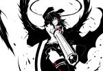  1girl black_hair black_wings bow evil_grin evil_smile feathers grin hair_bow long_hair monochrome red_eyes reiuji_utsuho shiba_yuuki skirt smile solo spot_color thigh-highs thighhighs third_eye touhou weapon wings zettai_ryouiki 