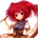  1girl amanojaku belt coin hair_bobbles hair_ornament highres looking_at_viewer obi onozuka_komachi over_shoulder puffy_sleeves red_eyes red_hair redhead scythe shirt short_sleeves skirt smile solo touhou twintails 