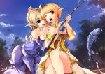  blonde_hair breasts copyright_request fish fishing_rod green_eyes highres long_hair multiple_girls open_mouth original pointy_ears smile thighs windforcelan wink 