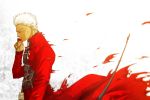  1boy archer bow_(weapon) closed_eyes dark_skin eyes_closed fate/stay_night fate_(series) gem rswork solo torn_clothes weapon white_hair 