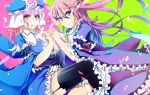 2girls confused dual_persona frills garter_straps hand_holding heart holding_hands japanese_clothes long_hair magumo multiple_girls saigyouji_yuyuko saigyouji_yuyuko_(living) short_hair thighs touhou triangular_headpiece wide_sleeves