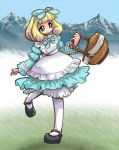  1girl alice_(wonderland) alice_(wonderland)_(cosplay) alice_in_wonderland basket blonde_hair bow cosplay dress hair_ribbon hairband kise_yayoi kuro_train mary_janes mountain pantyhose precure ribbon shoes short_hair smile smile_precure! solo white_legwear yellow_eyes 