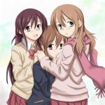  3girls blush brown_hair cardigan girl_sandwich green_eyes hug long_hair matsumi_kuro matsumi_yuu multiple_girls ribbon saki saki_achiga-hen scarf smile takakamo_shizuno track_jacket ugeyameke 