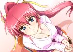  blue_eyes blush breasts chair cleavage diesel-turbo female from_above hair_ribbon large_breasts long_hair looking_at_viewer looking_up lyrical_nanoha mahou_shoujo_lyrical_nanoha mahou_shoujo_lyrical_nanoha_a&#039;s mahou_shoujo_lyrical_nanoha_a's pink_hair ponytail ribbon shirt signum sitting smile solo 