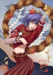  1girl 2013 arm_behind_head breasts fang fangs forked_tongue leaf long_skirt long_sleeves midriff mirror navel new_year pose purple_hair red_eyes rope shimenawa shirt_lift short_hair short_over_long_sleeves skirt sleeves solo sunaipu_(age-zero) tongue touhou under_boob underboob wreath yasaka_kanako 