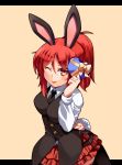  1girl ;p animal_ears arm_behind_back blush box bunny_ears bunny_tail chibi_(nekomimimi) gift gift_box letterboxed long_hair necktie original pantyhose ponytail rabbit_ears red_eyes red_hair redhead ribbon tail tongue valentine wink 