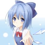  1girl blue_eyes blue_hair blush bow bust cirno hair_bow hands kudrove outstretched_hand short_hair solo touhou wings 