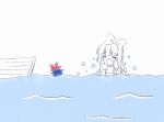  1girl bangs blunt_bangs boat bow chibi closed_eyes comic eyes_closed flying_teardrops fujiwara_no_mokou hair_bow hat long_hair monochrome ocean open_mouth rino_(kurumi) sad silent_comic simple_background sitting solo spot_color suspenders tears touhou wariza 