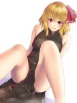  1girl adult alternate_costume blonde_hair blush china_dress chinese_clothes fang hair_ribbon looking_at_viewer mochi.f red_eyes ribbon rumia short_hair smile solo touhou 