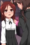  2girls blush bracelet breath brown_eyes brown_hair child commentary_request empty_eyes gertrud_barkhorn glowing hand_on_shoulder jewelry long_hair minna-dietlinde_wilcke monizumi_ishikawa multiple_girls open_mouth rolling_eyes school_uniform strike_witches sweat twintails 