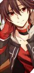  1boy amnesia_(idea_factory) black_hair choker gloves jacket lowres male red_eyes shin_(amnesia) shirt smile solo yuna_(artist) 