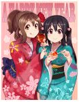  2girls :q alternate_costume alternate_hairstyle black_hair blush brown_hair butterfly_print candy_apple candy_apricot cherry_blossoms female floral_print flower food furisode hair_flower hair_ornament happy_new_year highres hirasawa_yui japanese_clothes k-on! kimono kuzu_kow long_hair looking_at_viewer multiple_girls nakano_azusa new_year obi pink_background ponytail red_eyes shoes smile striped striped_background tongue twintails yellow_eyes yukata 