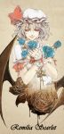  1girl bat_wings blue_rose bow bust character_name doming fangs flower grin hat hat_bow highres portrait red_eyes remilia_scarlet rose short_hair silver_hair smile solo touhou wings wrist_cuffs 