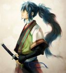  1boy 96nyako blue_hair hakuouki_shinsengumi_kitan ibuki_ryunosuke long_hair profile solo sword weapon 