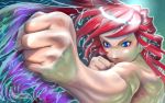  1girl bare_shoulders blue_eyes clenched_hand clenched_hands close-up electricity foreshortening gradient_hair highres long_hair multicolored_hair muscle original realistic red_hair redhead slit_pupils solo soon topless 