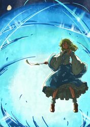 1girl blue_eyes detached_sleeves flying frog_hair_ornament from_below gohei green_hair hair_ornament kochiya_sanae long_hair long_skirt long_sleeves looking_at_viewer shiba_murashouji shirt skirt snake_hair_ornament solo touhou upskirt wide_sleeves