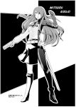  1girl aunglasses boots evoker gun hair_over_one_eye kirijou_mitsuru leon_7 long_hair monochrome persona persona_3 persona_4:_the_ultimate_in_mayonaka_arena school_uniform skirt solo sunglasses weapon 