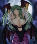  1girl arms_up bat_wings blush breasts cleavage demon_girl elbow_gloves gloves green_eyes green_hair head_wings large_breasts leotard long_hair moon morrigan_aensland open_mouth pantyhose print_pantyhose seraphina solo succubus tears vampire_(game) wings 