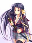  1girl black_eyes black_hair breasts cleavage highres kikuma525 kurugaya_yuiko little_busters!! long_hair school_uniform sheath solo sword thigh-highs thighhighs unsheathing weapon 