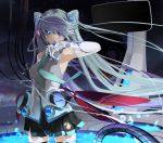  1girl armpits cable elbow_gloves gloves glowing glowing_eye green_hair hair_over_one_eye hatsune_miku licking long_hair necktie rakupi skirt solo thigh-highs thighhighs tongue twintails very_long_hair vocaloid 