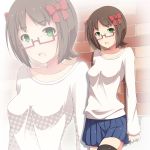  1girl amami_haruka bespectacled brown_hair collarbone glasses green_eyes hair_ribbon idolmaster long_sleeves open_mouth red-framed_glasses ribbon semi-rimless_glasses short_hair shuuichi solo under-rim_glasses zoom_layer 