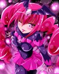  1girl ;p bad_end_happy bad_end_precure bodysuit clothed_navel dark_persona dress highres kayama_kenji long_hair pink_dress pink_eyes pink_hair precure skirt smile smile_precure! solo sparkle tiara tongue twintails wink 