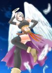  1girl angel_wings blue_eyes boots breasts bridal_gauntlets choker dragon_quest dragon_quest_ix elbow_gloves gloves halo high_heels large_breasts midriff ooshima_towa raviel shoes short_hair silver_hair skirt solo thigh-highs thighhighs wings 