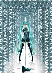  1girl aqua_hair full_body hatsune_miku highres long_hair megaphone microphone shima_atarime solo standing thigh-highs thighhighs twintails vocaloid zettai_ryouiki 