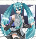  1girl aqua_hair blue_eyes detached_sleeves hatsune_miku headset hija holographic_interface long_hair necktie skirt solo thigh-highs thighhighs twintails very_long_hair vocaloid 