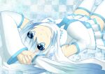 1girl blue_eyes blue_hair colored detached_sleeves hatsune_miku long_hair lying necktie on_back skirt smile solo vocaloid yuki_miku yukizakura_(tubaki) 