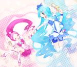  2girls bike_shorts blue_eyes blue_hair boots bow cape closed_eyes cure_blossom cure_marine dress flower_tact hair_ornament heart heartcatch_precure! highres long_hair magical_girl multiple_girls open_mouth pink_hair ponytail precure shorts_under_skirt smile thigh-highs wand white_legwear yamako_(yamak0) 