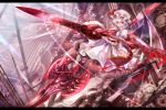  afraco barefoot bat_wings blue_hair dress fang hat hat_ribbon highres letterboxed open_mouth red_eyes remilia_scarlet ribbon short_hair skirt smile solo spear_the_gungnir touhou wallpaper weapon white_hair wings 