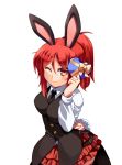  1girl animal_ears arm_behind_back blush bow box bunny_ears bunny_tail chibi_(nekomimimi) gift gift_box heart long_hair necktie original pantyhose ponytail rabbit_ears red_eyes red_hair redhead ribbon simple_background smile tail tongue valentine white_background wink 