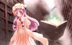  1girl book bookshelf bow breasts capelet crescent dress gengetsu_chihiro hair_bow hat highres library long_hair open_mouth patchouli_knowledge purple_eyes purple_hair ribbon solo touhou violet_eyes voile 