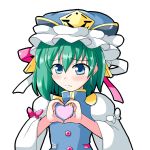  1girl blue_eyes blush green_hair hat heart heart_hands mono_(mono60) shikieiki_yamaxanadu short_hair solo touhou vest 