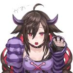  1girl :o ahoge bangs belt_collar black_collar black_shirt breasts brown_hair buckle claw_pose commentary demon_girl demon_horns detached_sleeves expressionless eyebrows_visible_through_hair hair_between_eyes hair_flaps hands_up horns jitome long_hair looking_at_viewer medium_breasts multicolored multicolored_hair multicolored_nails nail_polish nijisanji number open_mouth parted_bangs pink_nails pointy_ears purple_nails purple_shirt red_eyes redhead ringed_eyes shirt shu-mai sidelocks simple_background sleeves_past_fingers sleeves_past_wrists solo striped torn_clothes two-tone_hair upper_body upper_teeth white_background yamiyono_moruru 
