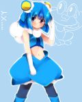 1girl blue_background blue_eyes froakie glasses gloves highres midriff navel pantyhose personification pince-nez pokemon pokemon_(game) pokemon_xy sleeveless solo takeshima_(nia) white_gloves 