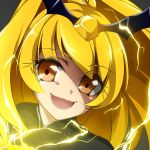  1girl :d bad_end_peace bad_end_precure blonde_hair close-up dam-miyuki dark_persona eyebrows_visible_through_hair long_hair looking_at_viewer open_mouth ponytail precure smile smile_precure! solo tiara yellow_eyes 