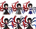  alphes_(style) alternate_costume asymmetrical_wings black_hair blush crossed_arms hand_on_hip hand_on_own_cheek highres holding houjuu_nue kaoru_(gensou_yuugen-an) looking_at_viewer parody polearm red_eyes ribbon school_swimsuit short_dress short_hair short_sleeves smile snake style_parody sweater swimsuit touhou trident weapon wings wink 