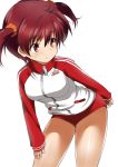  1girl arm_support bloomers blush buruma female isshiki_akane mocchi red_eyes red_hair redhead short_hair simple_background solo track_jacket twintails vividred_operation white_background zipper 