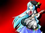  1girl armband blue_hair electric_guitar food fruit guitar hat highres hinanawi_tenshi hoshishiitake instrument juliet_sleeves leaf light_smile long_hair long_sleeves looking_at_viewer peach pick puffy_sleeves red_background red_eyes ribbon shadow simple_background sleeves_past_wrists solo touhou very_long_hair 