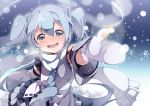  1girl blush detached_sleeves gloves grey_eyes hair_ribbon hatsune_miku headset long_hair long_sleeves looking_at_viewer necktie open_mouth ribbon scarf shirt silver_hair skirt smile snowing solo twintails umiko_(munemiu) very_long_hair vocaloid white_gloves wide_sleeves winter_clothes yuki_miku 