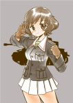  akiyama_yukari blush brown_hair girls_und_panzer gloves jacket mimisuke salute short_hair solo 