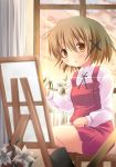  1girl aosora black_legwear blush brown_eyes brown_hair curtains flower hair_ornament hairclip hidamari_sketch highres kneehighs lily_(flower) open_mouth painting school_uniform short_hair sitting solo sun window yuno 