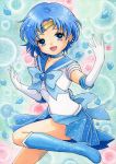  1girl bishoujo_senshi_sailor_moon blue_eyes blue_hair blue_rose boots bubble choker earrings elbow_gloves flower gloves hair_ornament jewelry magical_girl mizuno_ami open_mouth ouo_ouo petals rose sailor_collar sailor_mercury sailor_senshi short_hair skirt smile solo tiara traditional_media watercolor_(medium) 