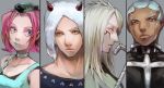  1girl 3boys blue_eyes cane dark_skin enrico_pucci facial_mark genderswap hat horns iu jojo_no_kimyou_na_bouken jongalli_a lipstick long_hair makeup multiple_boys narciso_anasui pink_hair short_hair weather_report white_hair ya-a 